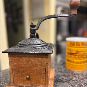Antique Coffee Grinder~Cast Iron Crank~Wood Dovetailed Drawer~Primitive